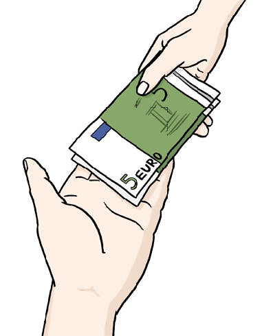 Eine Hand überreicht einer anderen ein Geldschein Eine Hand überreicht einer anderen ein Geldschein